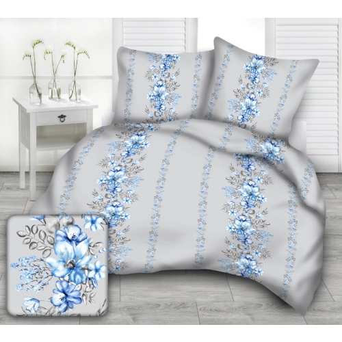 Komplet Pościeli z Bawełny 200x220 niebieskie kwiaty na szarym tle