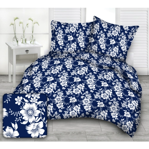 Komplet Pościeli z Bawełny 200x220 białe kwiaty na granatowym tle