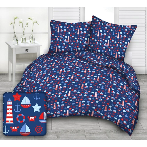 Komplet Pościeli z Bawełny 160x200 latarnie i kotwice niebieskie