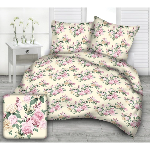 Komplet Pościeli z Bawełny 160x200 bukiety kwiatów ecru