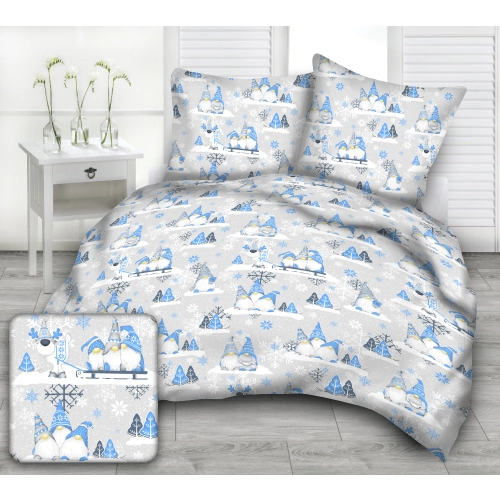 Komplet Pościeli z Bawełny 100% 160x200 2x70x80 niebieskie krasnale i skrzaty