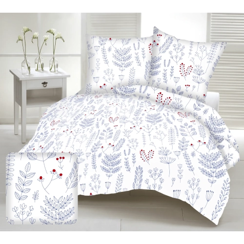 pościel z bawełny duży rozmiar niebieskie gałązka na białym tle z czerwonym motywem