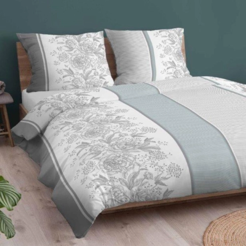 Posciel w odcieniach męty i szarości w kwiaty i pasy