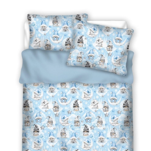 Błękitna pościel z nadrukiem świątecznych skrzatów