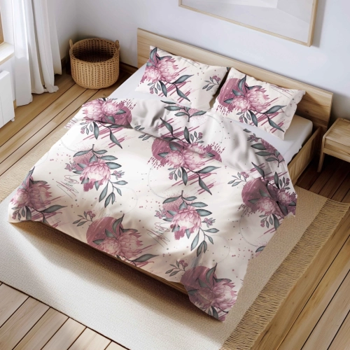 Pościel do sypialni w pięknym wzorze z różowymi kwiatami i słońcem na białym tle