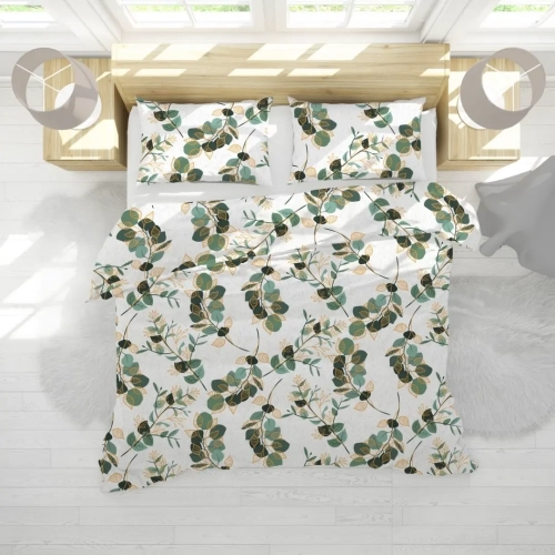 Pościel bawełniana biała z wzorem zielonych listków