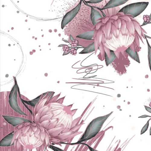 Wzór nadruku na pościeli w różowe kwiaty i różowe słońce